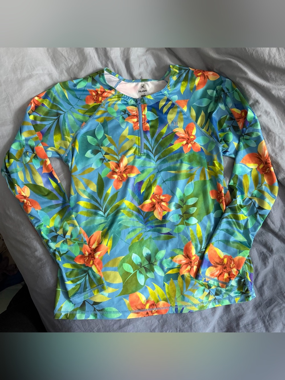 Hurley Tropical Hawaii Floral Long Sleeve Rashguard Swim Surf Top 1/4 Zip